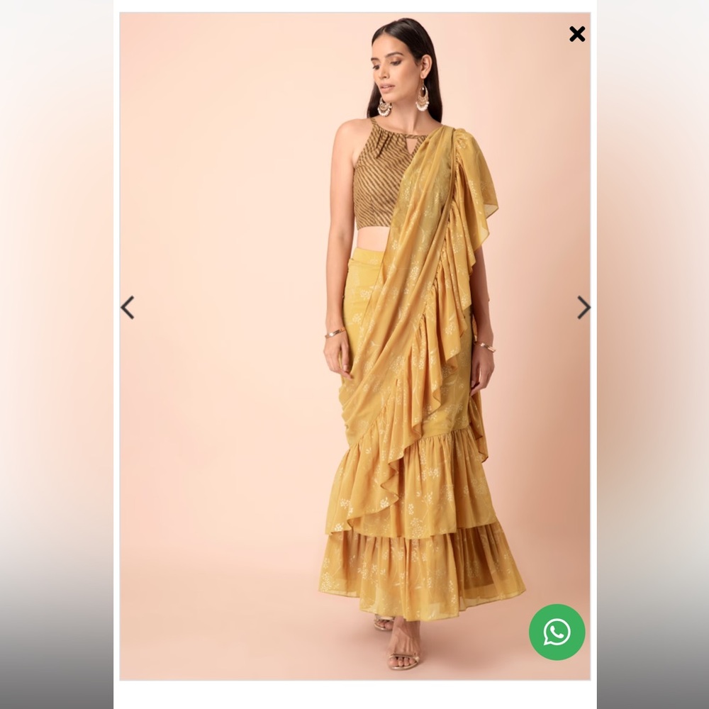 Ocre foil ruffled pre stitched saree without blouse